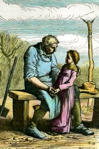 Cozetta i Jan Valjean. Ilustracja do powieści „Nędznicy” Victora Hugo (1802-1885) Rycina z 1865 Kolekcja prywatna autorstwa Unknown artist