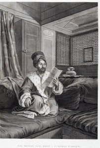 Kostiumy i portrety: Seyd Moustafa Pasza ranny w bitwie pod Abouqyr (Aboukir) w „Opisie Egiptu”, Imperial Publishing autorstwa Unknown artist