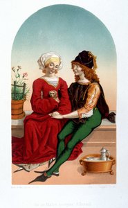 Uprzejma scena miłosna w średniowieczu. Kolegium - imitacja XIX wieku. autorstwa Unknown artist