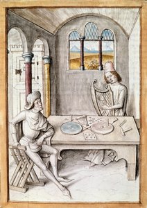 Rzemiosło: współczynnik harfy. Warsztat produkcji instrumentów. Miniatura z rękopisu „Bajki Bidpai” autorstwa Unknown artist