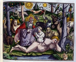 Stworzenie: Bóg przedstawiony w otoczeniu ludzi i zwierząt (pies, żuraw, lew, jeleń, bóbr, małpa, jednorożec, dzik, papugi, królik...), według Historiae animalium Konrada Gesnera, Tiguri autorstwa Unknown artist