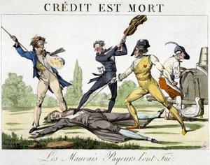 Kredyt umarł: zabili go źli płatnicy - karykatura około 1820 r. autorstwa Unknown artist