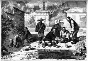 Walka krykieta w Pekinie w Chinach. Grawerowanie w „Dzienniku młodzieży” autorstwa Unknown artist