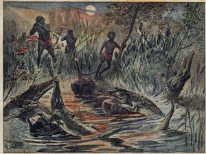 Polowanie na krokodyle w Nigrze z dzieckiem na przynętę. Ilustracja w „Le Pelerin” z 4 grudnia autorstwa Unknown artist