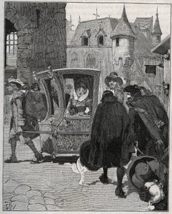 Sztućce: wioślarze otaczają krzesło Marie de Rabutin-Chantal (Rabutin Chantal), markizy de Sevigne dit Madame de Sevigne (1626-1696), aby sprzedawać mu noże, gdy przybył do Nogent (Haute Marne) w 1675 r. Rycina z 1885 r. „” Les arts et metiers il autorstwa Unknown artist
