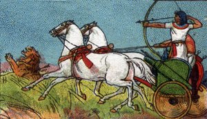 Życie codzienne w starożytnym Egipcie: faraon goniący lwa, początek XX wieku (chromo) autorstwa Unknown Artist