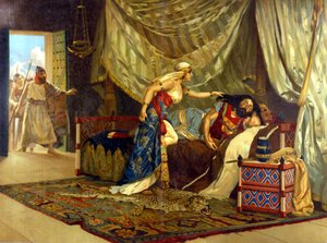 Dalila zamierza obciąć włosy Samsonowi, wzmacniając jej siłę. 19 wiek. autorstwa Unknown artist