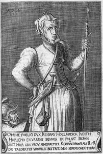 Dame Kenau Simonsdochter Hasselaer (1526-1588), bohaterka Haarlemu (Holandia) podczas walki z Hiszpanami w 1572 roku. Rycina z XVII wieku nawiązująca do Judyty z Holoferne. autorstwa Unknown artist