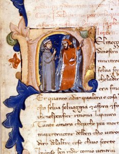 Dante i Virgil przy wejściu do piekła. (lettrine "" N ") Incipit piekła boskiej komedii (Boskiej komedii) z XIV wieku w Mediolanie, biblioteka Trivulzian. (W połowie podróży naszego życia...) autorstwa Unknown artist