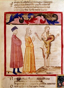 Dante i Virgil spotykają duszę grzesznika skazanego na pożarcie przez smoka. Podświetlana strona ilustrująca pieśń piekielną czerpie z „Divina Commedia” Dantego Alighieri (1265-1321). XIV wiek, Wenecja, Biblioteca Marciana autorstwa Unknown artist