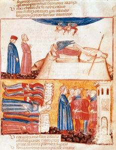 Dante i Virgil spotykają dusze brutalnie zmarłych ludzi. Podświetlana strona ilustrująca pieśń Antyczyściec z „Divina Commedia” Dantego Alighieri (1265-1321). XIV wiek, Wenecja, Biblioteca Marciana autorstwa Unknown artist