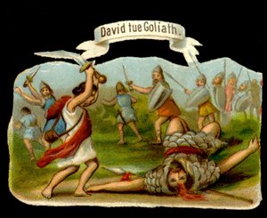 Dawid i Goliat: Dawid zabija Goliata swoją szpadą. XIX-wieczna chromolitografia. autorstwa Unknown artist