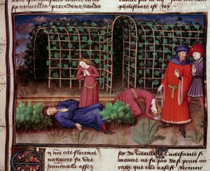 Śmierć Dwie osoby zabite śmiercią. Miniatura z „Le Decameron” Jeana Boccace (Giovanni Boccaccio) (1313-1375) 1450 Paryż, biblioteka Arsenału autorstwa Unknown artist