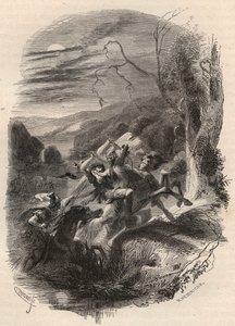 Śmierć Indutiomarusa (Induziomaro) wodza Trevirów, zabitego przez armię rzymską w 53 roku p.n.e. Rycina z 1868 r. w „Histoire de Belgique od czasów pierwotnych do końca panowania Leopolda I”” autorstwa Theodore
