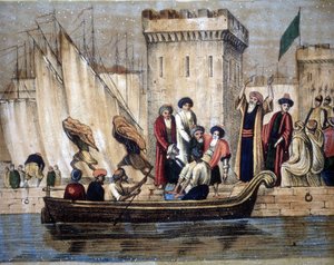 Wyjazd Maurów z Algieru, po kolonizacji francuskiej, Na łódź ładowany jest stary lub chory człowiek. 19 wiek autorstwa Unknown artist