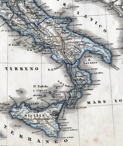 Szczegóły mapy geograficznej przedstawiającej południowe Włochy (regiony Kampania, Kalabria, Sycylia, Apulia, Molise Abruzzo). 19 wiek autorstwa Unknown artist