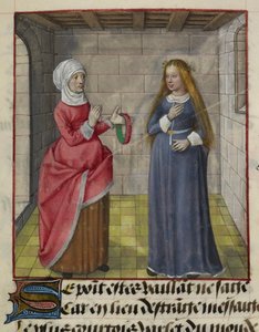 Fragment miniatury la Vieille (Duenna) i Bel Accueil (Uczciwe powitanie) z „Le Roman de la Rose” autorstwa Unknown artist