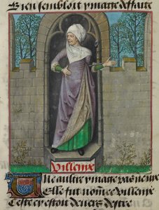 Fragment miniatury alegorycznej postaci Vilenie (Villainy) w drugiej kolumnie folio, z „Le Roman de la Rose” autorstwa Unknown artist