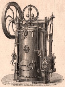 Szczegółowy widok techniczny małego silnika parowego wyprodukowanego w Paryżu w 1866 roku: kocioł, cylinder, tłok, korbowód i koło zamachowe autorstwa Unknown