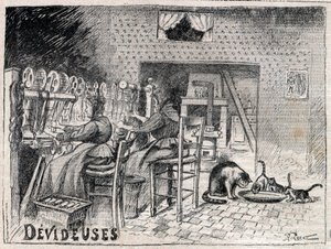 Devideuses - Atelier de Canut - wnętrze warsztatu tkaczy jedwabiu w Lyonie grawer w „Le Progres illustrious” z 1895 r. autorstwa Unknown artist
