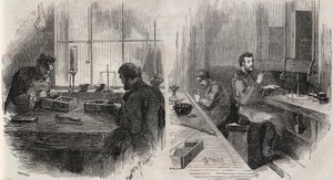 Cięcie diamentowe w warsztacie w Holandii: łuparki i polerki - Grawerowanie w „”Le Monde Illustré”” autorstwa Unknown artist
