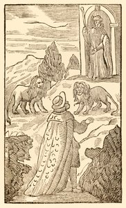 Trudność za nami, strach przed nami z The Pielgrzymki Postęp z tego świata, do tego, który ma nadejść John Bunyan (1628-1688) Christian przechodzi między lwami, gdy czujny tragarz patrzy na autorstwa Unknown