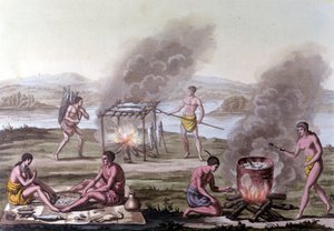 Scena kulinarna i kulinarna wśród Indian z Florydy. Grawerowanie z XVII wieku. autorstwa Unknown artist