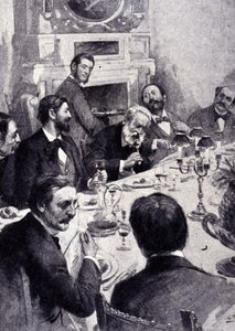 Jadalnia przy stole autorstwa Victora Hugo z Jean Mounet Sully (Mounet-Sully) (1841 - 1916), francuskim aktorem. Rycina XIX wieku. autorstwa Unknown artist