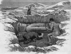 Odkryto kolosalny posąg Rhamzesa II. Hieroglify są obliczane przy użyciu odbicia lustrzanego. Grawerunek z 1886 roku. autorstwa Unknown artist