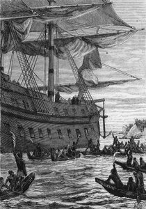 Discovery des Indes: rejs Wallis na Pacyfik; Rdzenni mieszkańcy, którzy spotkają Colonów – w „”Les Voyageurs du 18eme et 19eme ecle”, autorstwa Julesa Verne