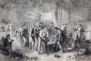 Dystrybucja racji żywnościowych do północnoamerykańskiej jednostki wojskowej, Stany Zjednoczone Ameryki, wojna secesyjna, grawerowanie autorstwa Unknown artist