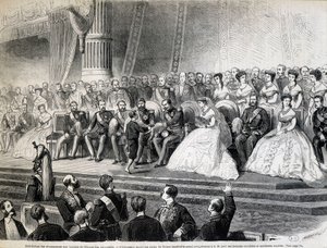 Rozdanie nagród laureatom Wystawy Światowej - Cesarz odbiera od swojego syna, Księcia Cesarskiego, Grand Prix swoich robotniczych domów i wzorcowych gospodarstw autorstwa Unknown artist