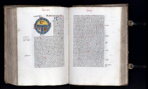 Podwójna strona ze schematyczną mapą świata na modelu T-O (TO) przedstawia trzy kontynenty (Azja, Afryka i Europa). Rękopis „”Ethymologies”” (Etymologiae) autorstwa Izydora (Izydora z Sewilli) (560/570-636) XII wiek. 1472 autorstwa Unknown artist