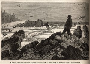 Dr Hayes przybywa na wolne morze bieguna arktycznego, co jest celem jego wyprawy, zakłada amerykański sztandar gwiezdny. Grawer ilustrujący wyprawę na wolne morze bieguna arktycznego, autorstwa doktora Hayesa, chirurga Marynarki Wojennej Stanów Zjednoczony autorstwa Unknown artist