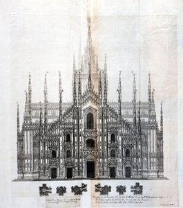 Rysunek fasady Duomo w Mediolanie ukazujący jej jednolitość z bryłą budynku. Wiele projektów architektonicznych zostało zaprojektowanych około XVII wieku, aby uzupełnić fasadę, która pozostała niedokończona. autorstwa Unknown artist
