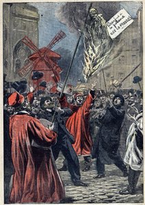 Sprawa Dreyfusa - Paryż - 1898: manifestacja antysemitów na Montmartrze. Wizerunek Martina Dreyfusa, brata Alfreda, stoi na placu, a na jego szyi wisi napis: „Dreyfus ma szubienicę. Niech żyje Francja!" Ilustracja w „Le Pelerin” J autorstwa Unknown artist