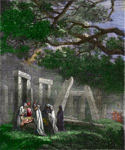 Druidzi praktykujący składanie ofiar z ludzi w Stonehenge zatrzymane przez rzymskich żołnierzy - Ofiary z ludzi przez druidów a Stonehenge zatrzymują się w Stonehenge przez rzymskich żołnierzy podczas rytuału - Kolorowa grawerunek z XIX wieku autorstwa Unknown artist