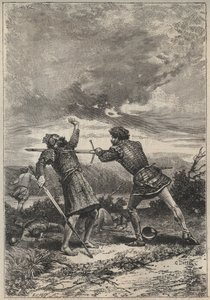 Pojedynek i śmierć Oak Torquila - XIX-wieczna ilustracja do powieści historycznej „Ładna dziewczyna z Perth lub Walentynki (Walentynki; lub Piękna panna z Perth) autorstwa Waltera Scotta (1771-1832) autorstwa Unknown artist