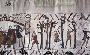 Książę Guillaume zlecił budowę statków, wycięto drzewa - gobelin z Bayeux, znany jako Haft królowej Matyldy autorstwa Unknown artist