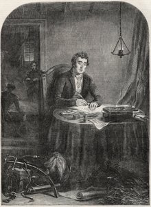 Książę Wellington (Arthur Wellesley (1769-1852) Książę Wellington) pisanie wysyłki po Waterloo, 19 czerwca 1815 - grawerowanie 1852 autorstwa Unknown artist