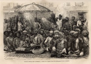 Durbar (feodalna i prawna rada stanu książęcego) Maharajy Rany z królestwa Dholepore (Radźasthan). Engravure pour illustrrer l