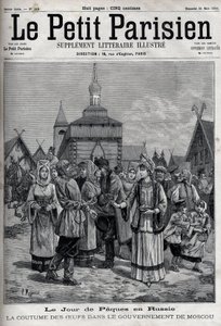 Wielkanoc w Rosji: zwyczaj jajek w rządzie moskiewskim. Szelki mieszkańców ofiarowujące czerwone jajka na uczczenie zmartwychwstania Chrystusa. Grawerowanie w „”Le Parisien”” autorstwa Unknown artist