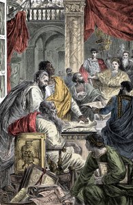 Sobór Ekumeniczny w Nicei - Reprezentacja Pierwszego Soboru Nicejskiego, Pierwszego Soboru Ekumenicznego, w 325 rne. JC wezwany przez cesarza Konstantyna I. autorstwa Unknown artist