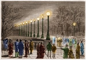 Oświetlenie elektryczne: lampy podłogowe z Victoria quay w Londynie, Wielka Brytania. Grawer w „”La Nature”” autorstwa Unknown artist