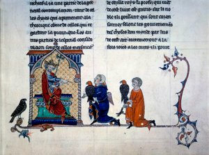 Cesarz Fryderyk II (1194-1250) odbierający miniatury sokolników ze „Sztuki polowania z ptakami” autorstwa Unknown artist