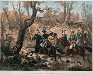 Cesarz Napoleon III (1808-1873) i jego żona Eugenia de Montijo (1826-1920) spacerują po lesie Compiegne Litografia w kolorze około 1855 r. Mediolan Museo del Risorgimento autorstwa Unknown artist