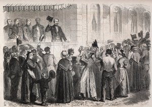 Cesarz Napoleon III (1808-1873) na tarasie willi Straussa a Vichy, witany przez ludność wsi w niedzielę 7 lipca 1861 - Grawerowanie w „Świat znakomity”” autorstwa Unknown artist