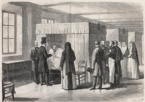 Cesarz Napoleon III (1808-1873) odwiedza pokoje Hotelu Dieu (Hotel-Dieu) dla chorych na cholerę i rozmawia z nimi - Grawerowanie w „Świat sławny”” autorstwa Unknown artist