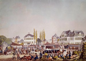 Cesarz Napoleon I (1769-1821) dokonuje przeglądu wojsk we Frankfurcie. Rycina z 1813 r. Frankfurt, Muzeum Historyczne autorstwa Unknown artist