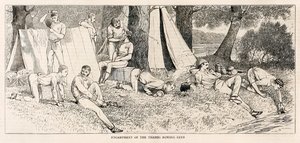 Obozowisko Klubu Wioślarskiego Tamizy.? z ?Szkiców ze startu pary na Henley Regatta? opublikowany w lipcu 1878 autorstwa Unknown